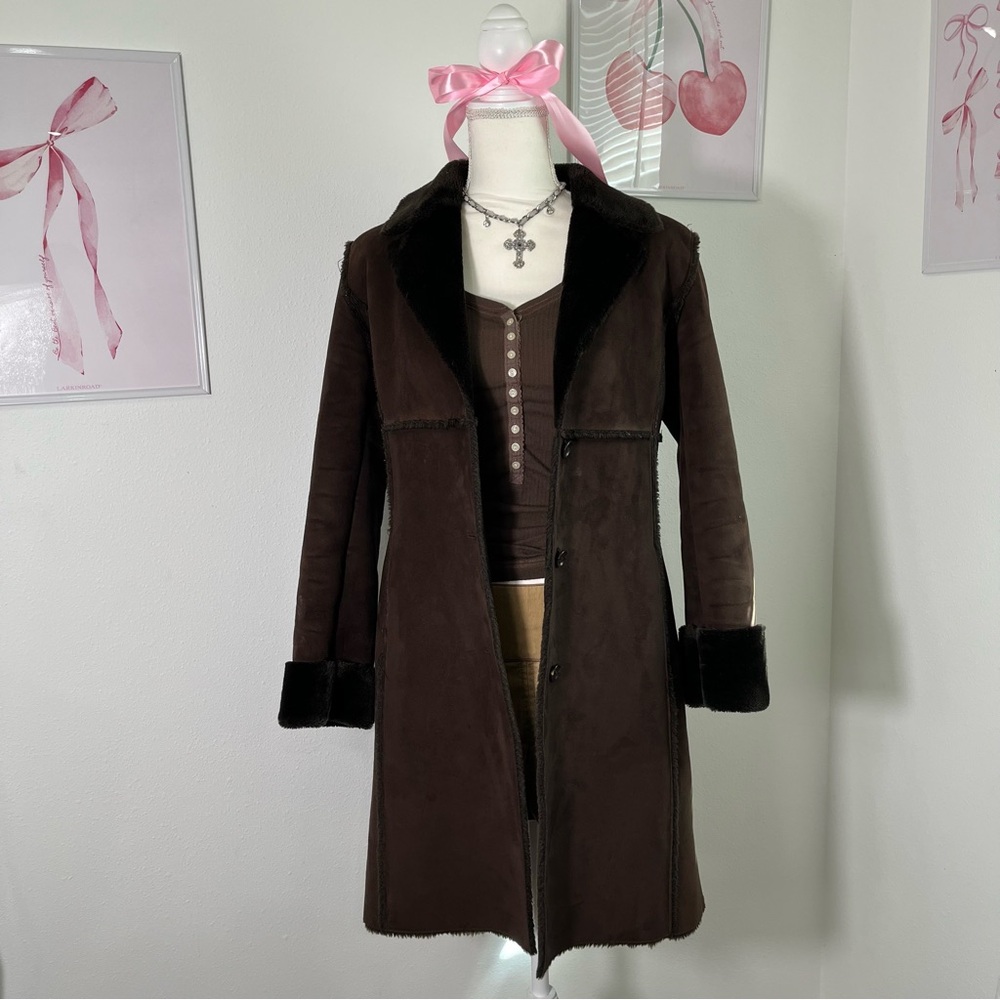 Vintage 90s Cache Brown Suede Penny Lane Fur‎ Trim Coat Old Money Womens Small